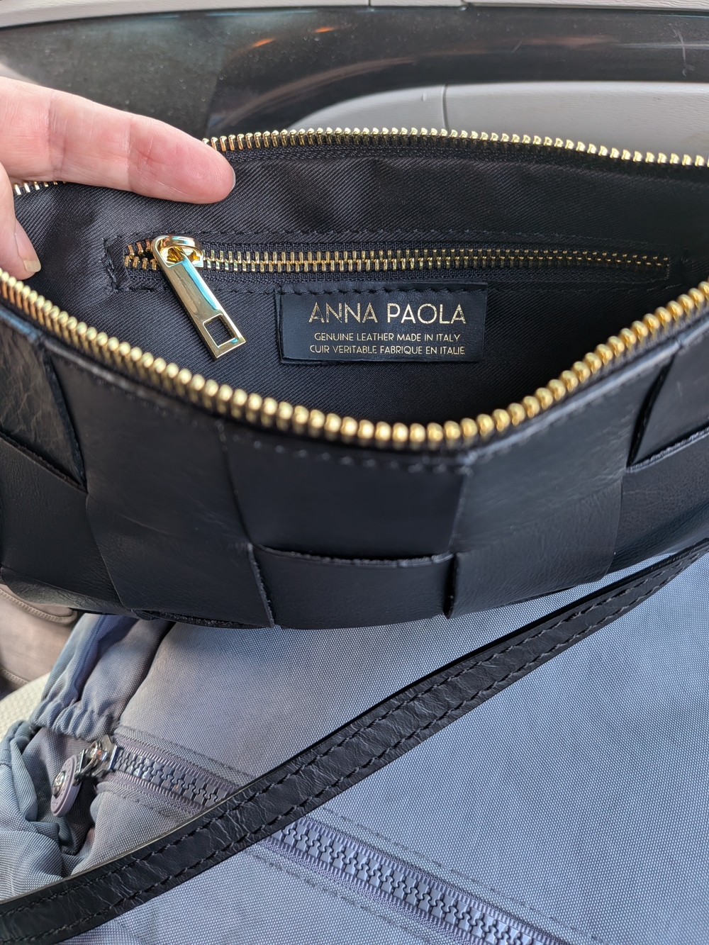 Anna Paola Black Woven Leather Crossbody with Gold Hardware